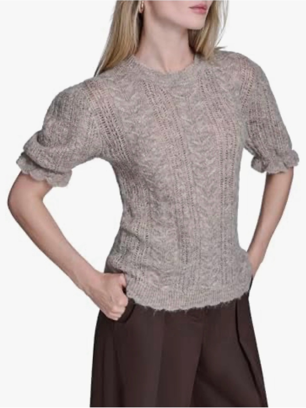 BCBG Light Taupe Crewneck Cable Knit Short-Sleeve Sweater